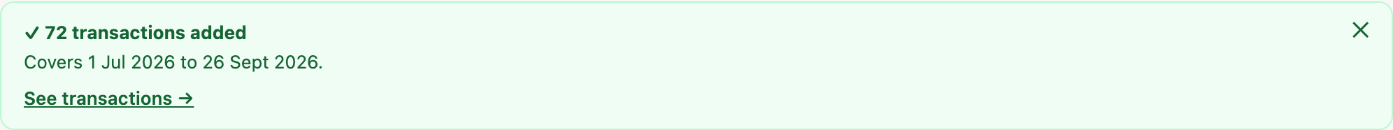 MuntLab message after uploading: 72 transactions added, with the period the statement covers